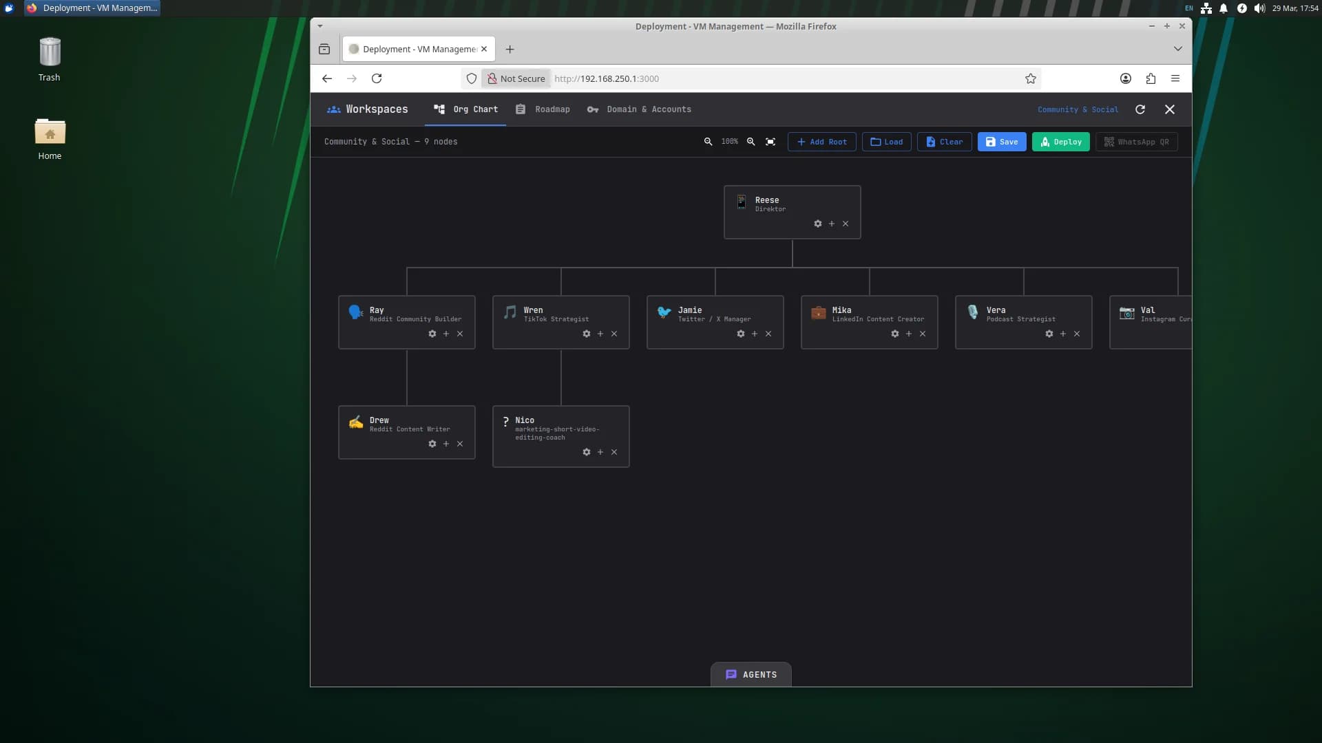 Org chart panel showing deployed AI agent hierarchy